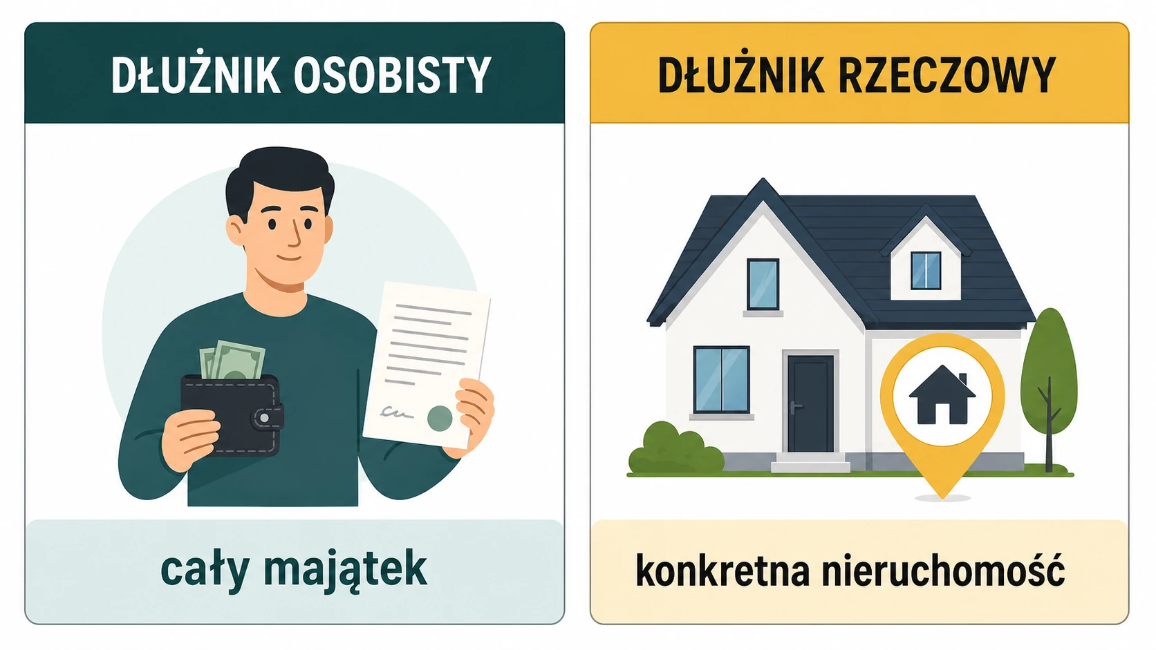 Infografika porównująca dłużnika osobistego i dłużnika rzeczowego