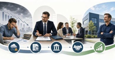 Doradca restrukturyzacyjny: jak pomaga firmie wyjść z kryzysu Ikonografika pokazująca, jak doradca restrukturyzacyjny pomaga firmie wyjść z kryzysu finansowego