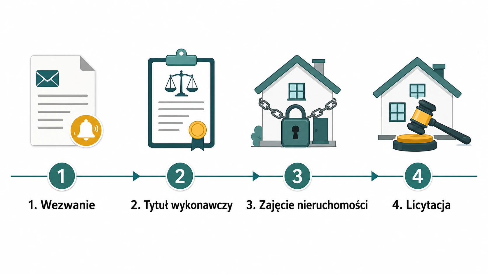 Infografika pokazująca etapy egzekucji z nieruchomości przy długu hipotecznym
