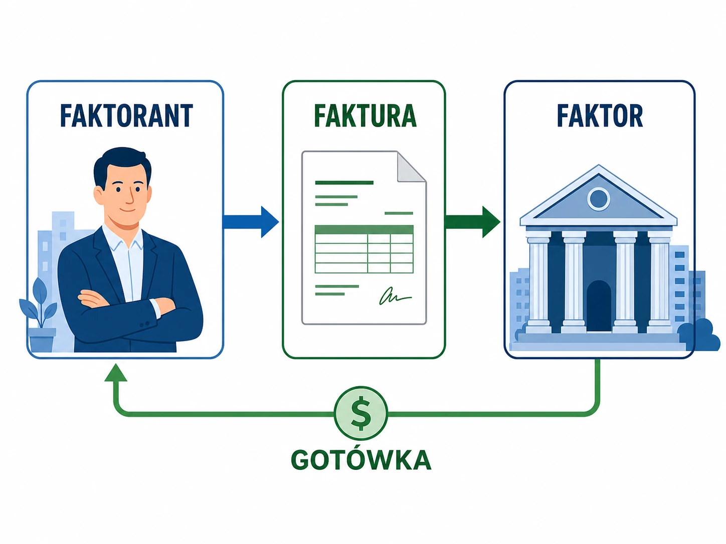 Ikonografika wyjaśniająca role faktoranta, faktora, faktury i gotówki