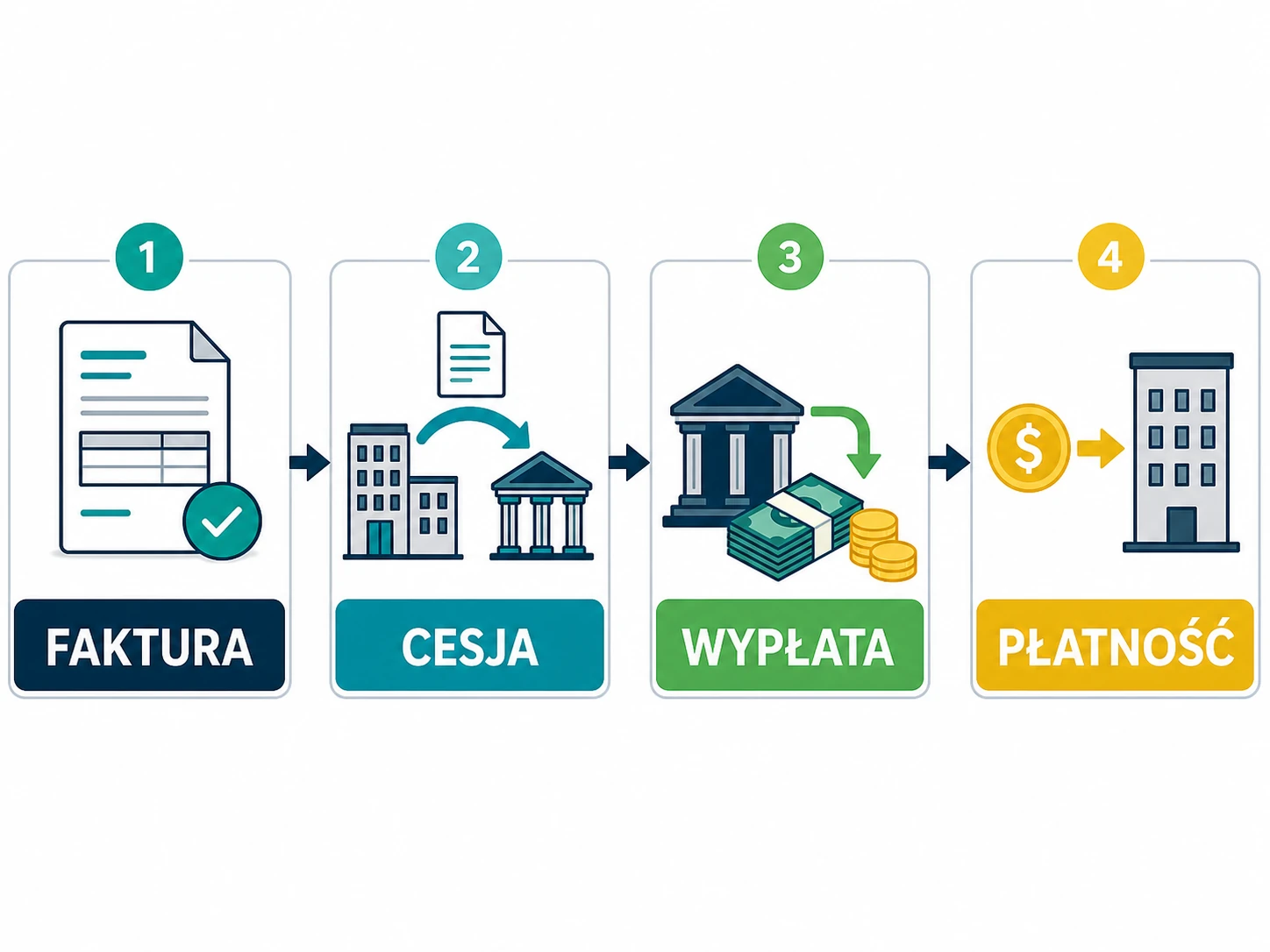 Ikonografika procesu faktoringu jawnego: faktura, cesja, wypłata i płatność