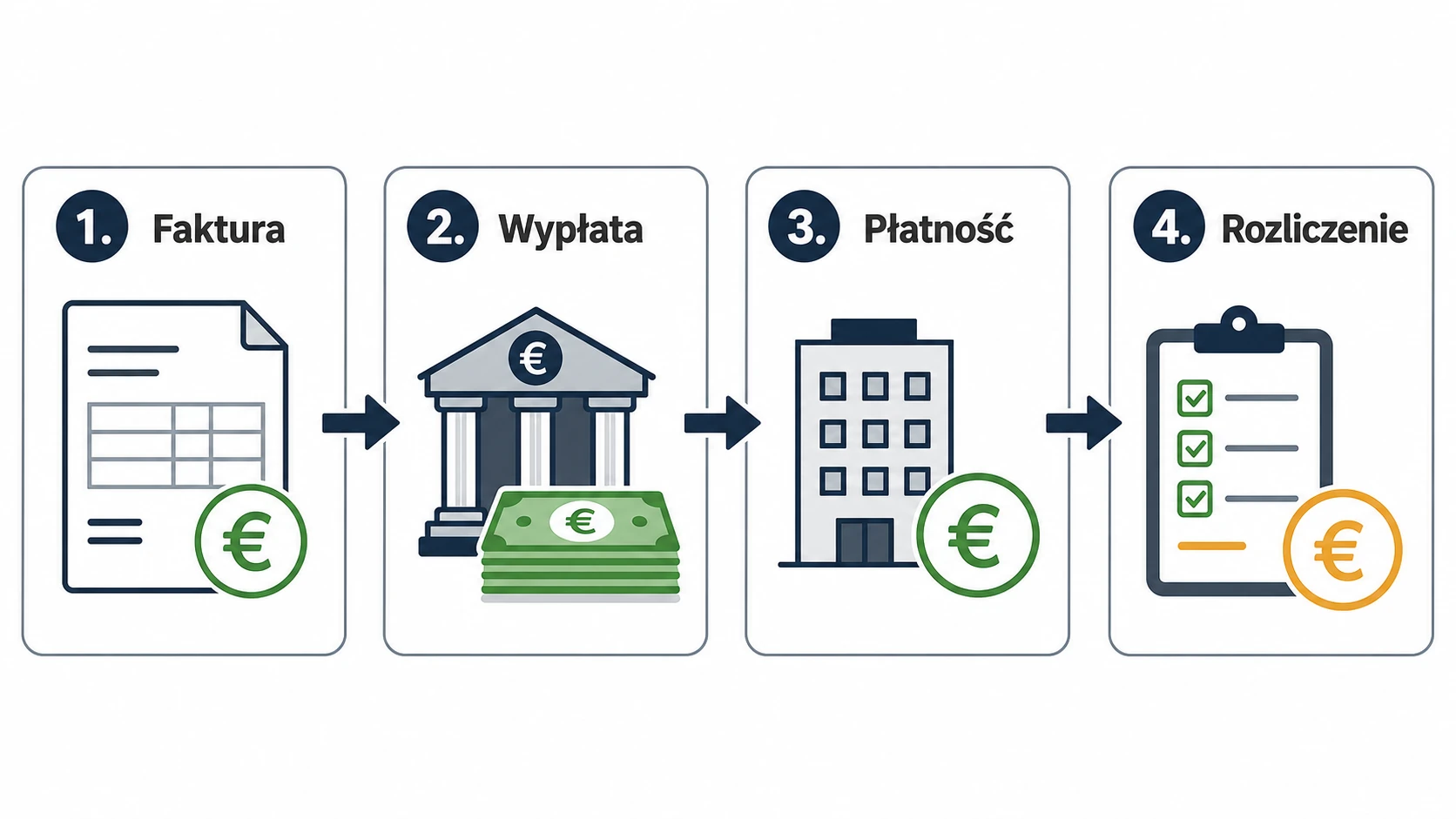 Ikonografika pokazujaca cztery etapy faktoringu klasycznego