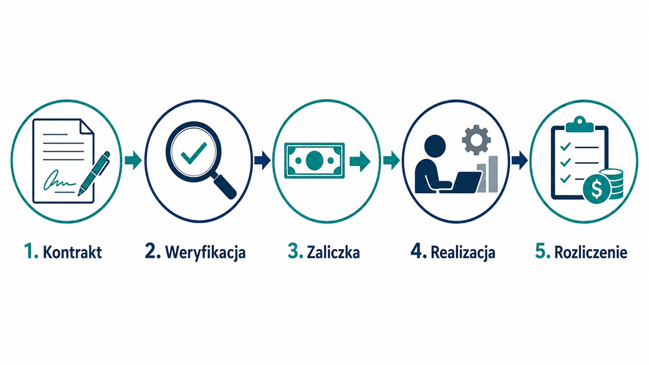 Ikonografika pokazująca pięć etapów faktoringu kontraktowego