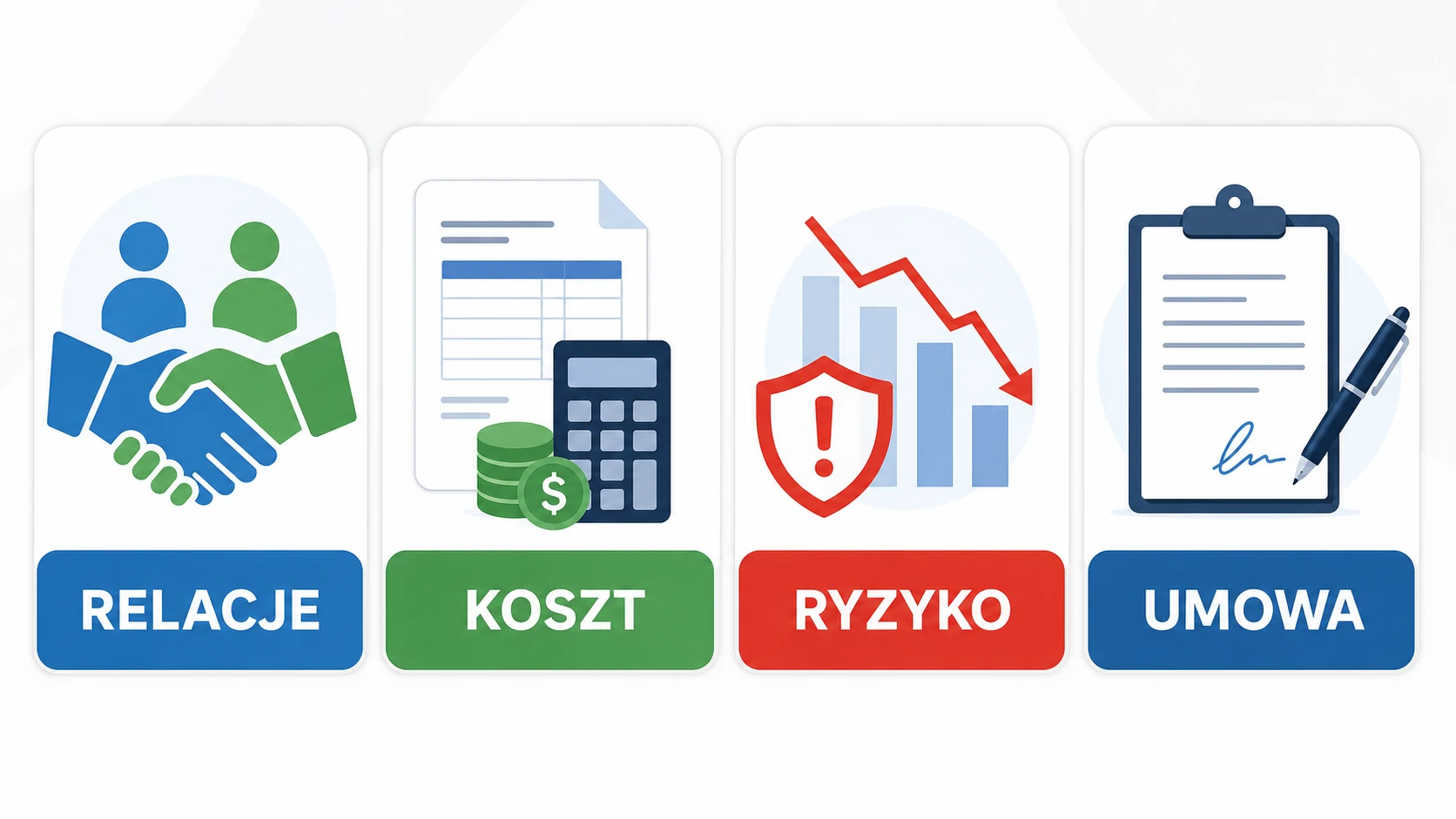 Ikonografika z kryteriami wyboru faktoringu półotwartego: relacje, koszt, ryzyko i umowa