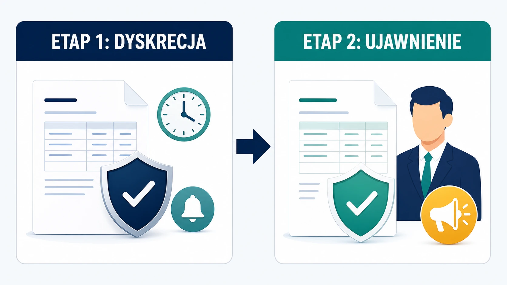 Ikonografika pokazująca dwa etapy faktoringu półotwartego: dyskrecję i ujawnienie