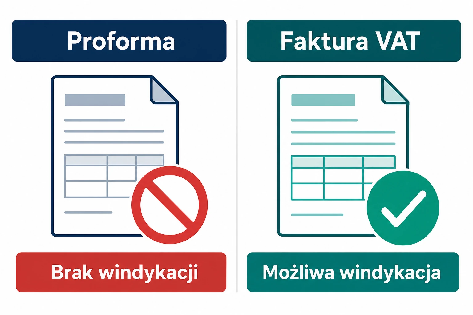 Infografika porównująca proformę i fakturę VAT w kontekście windykacji