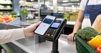 Płatność telefonem przez Google Pay przy terminalu w sklepie