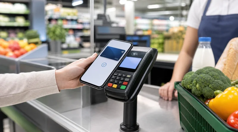Płatność telefonem przez Google Pay przy terminalu w sklepie