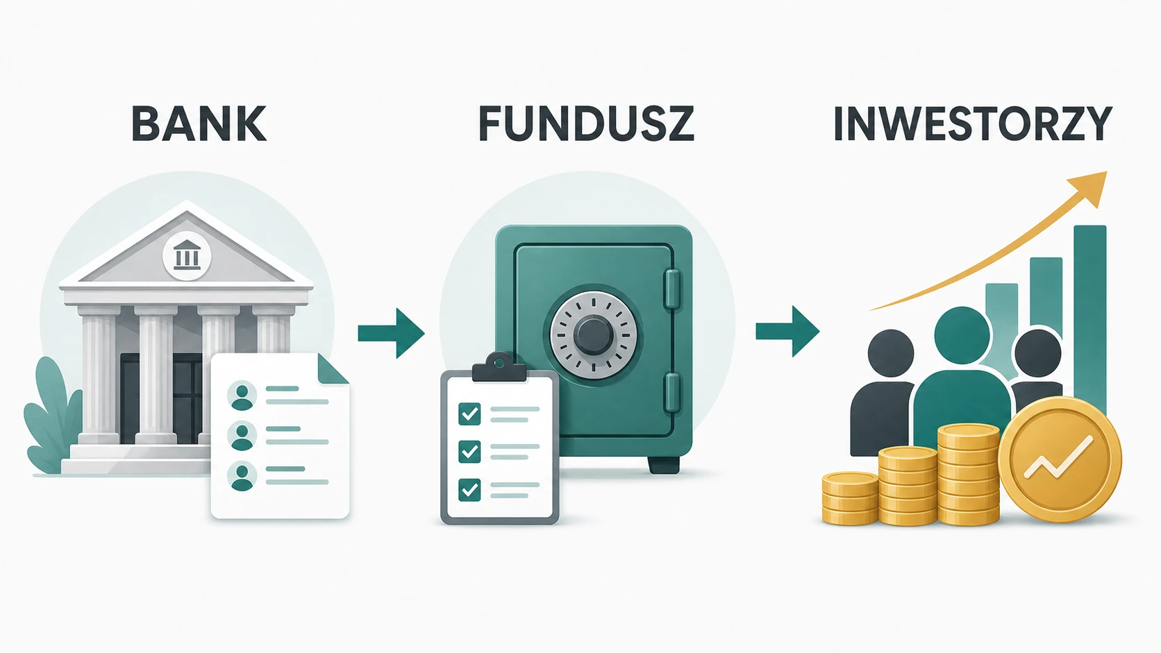Schemat przepływu wierzytelności od banku przez fundusz do inwestorów