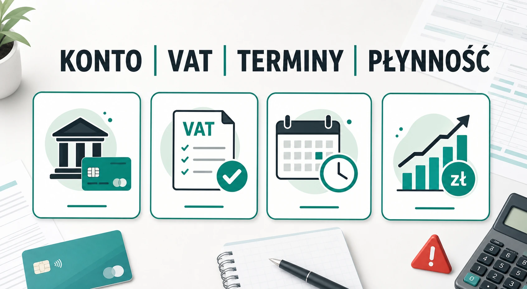 Infografika z decyzjami po rejestracji JDG: konto, VAT, terminy i płynność