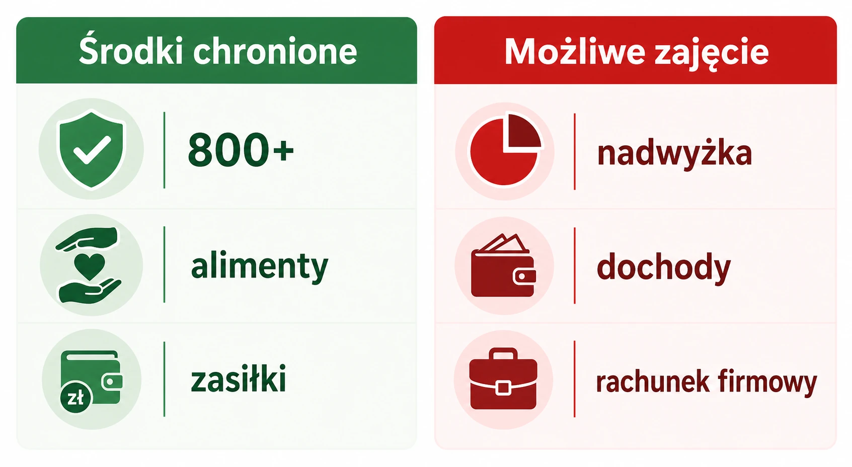 Ikonografika pokazująca środki chronione i środki możliwe do zajęcia przez komornika