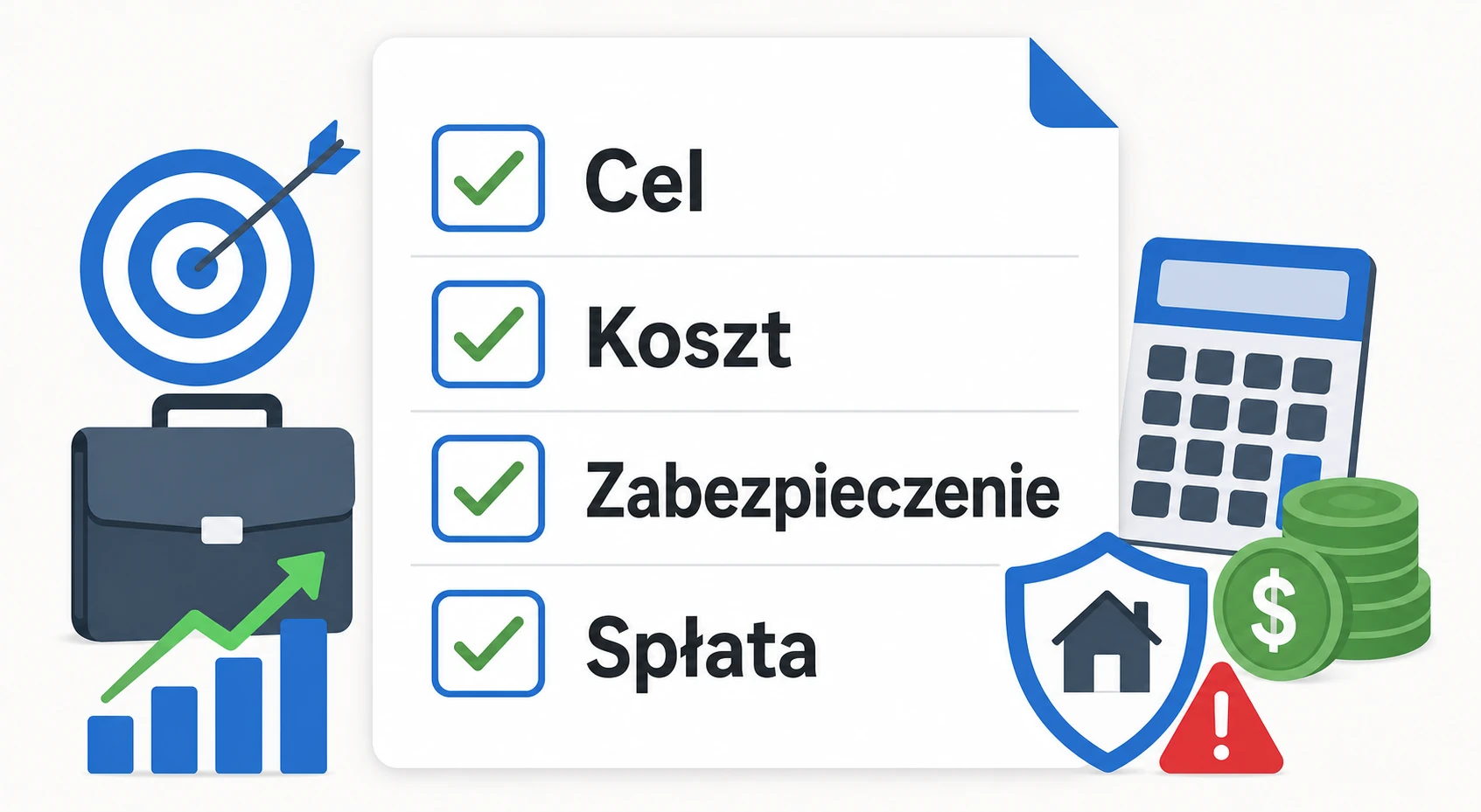 Ikonografika z kryteriami wyboru kredytu firmowego: cel, koszt, zabezpieczenie i spłata