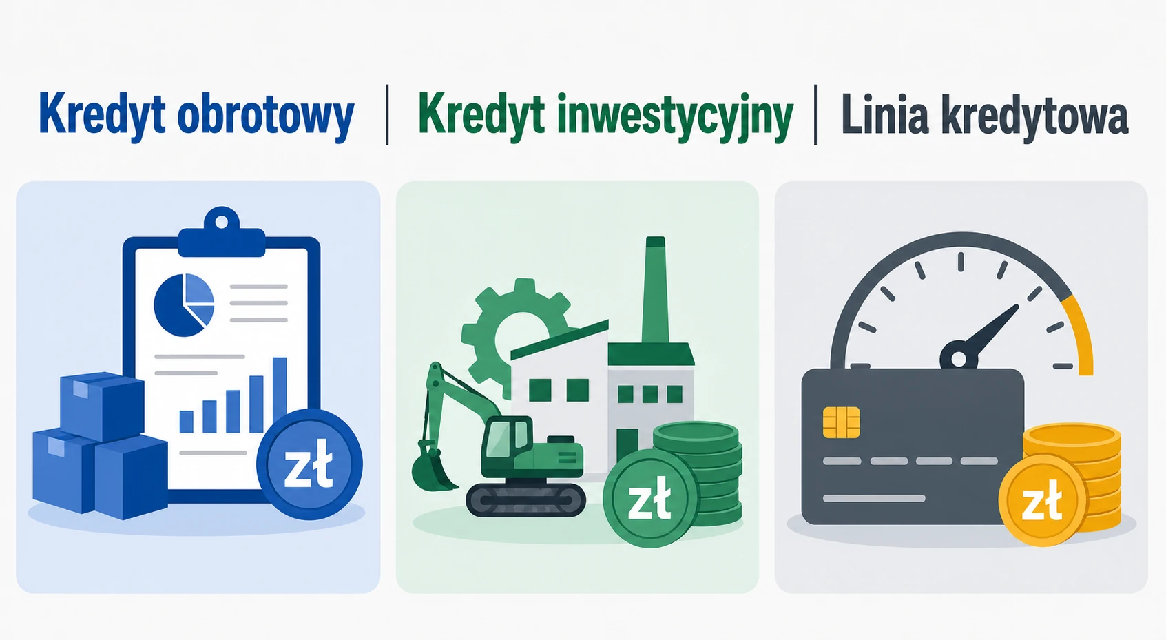 Ikonografika porównująca kredyt obrotowy, inwestycyjny i linię kredytową
